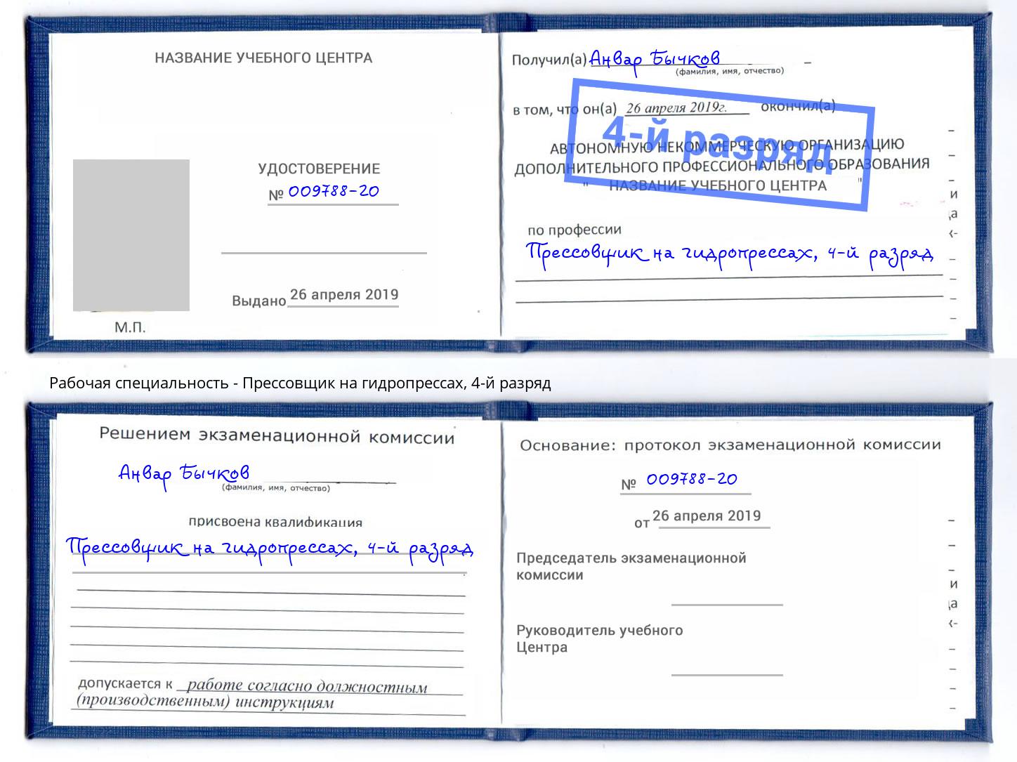 корочка 4-й разряд Прессовщик на гидропрессах Новочеркасск