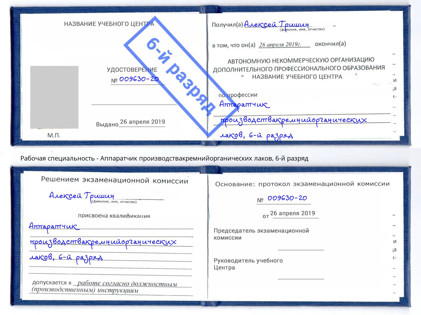 корочка 6-й разряд Аппаратчик производствакремнийорганических лаков Новочеркасск