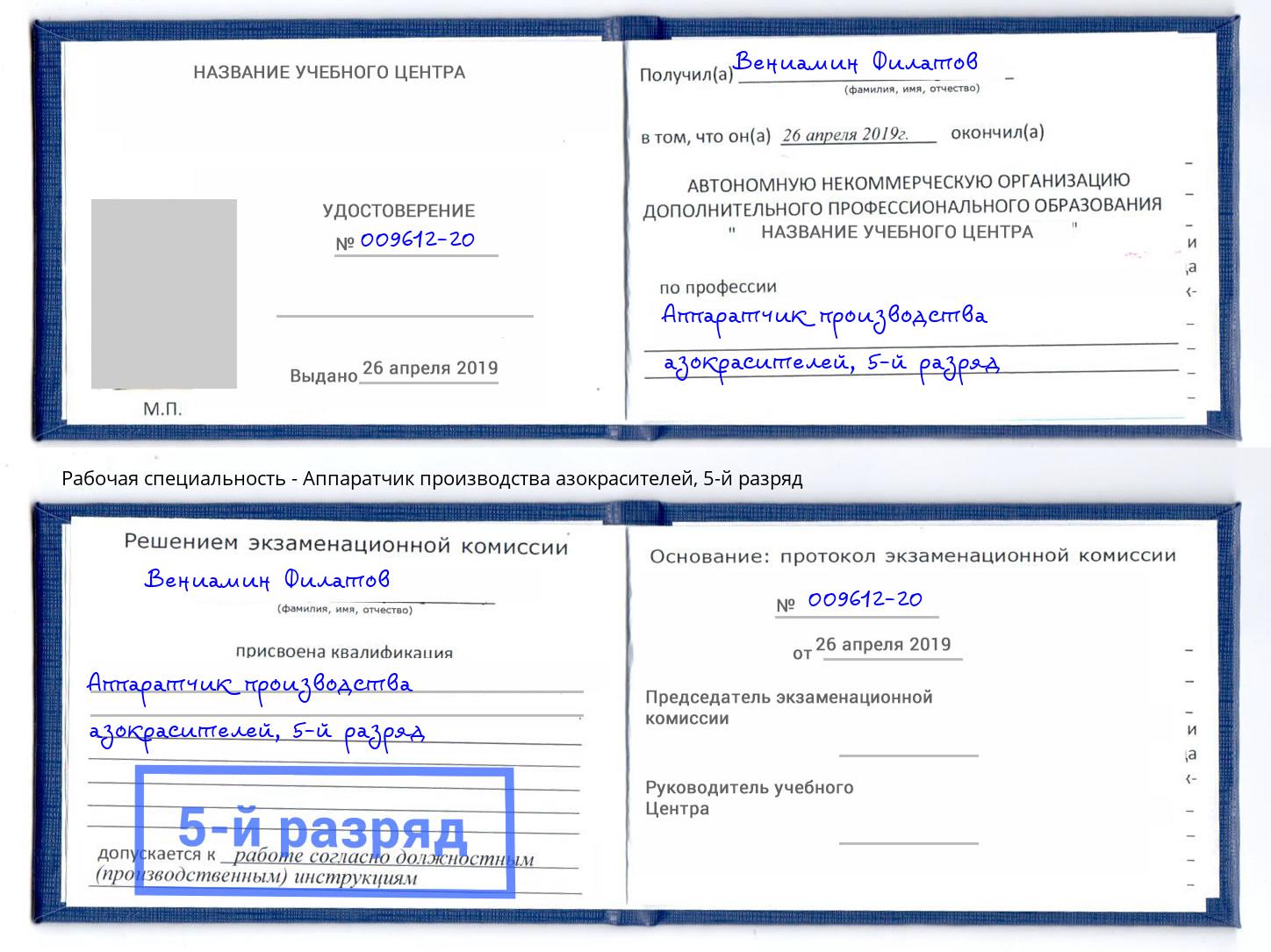 корочка 5-й разряд Аппаратчик производства азокрасителей Новочеркасск