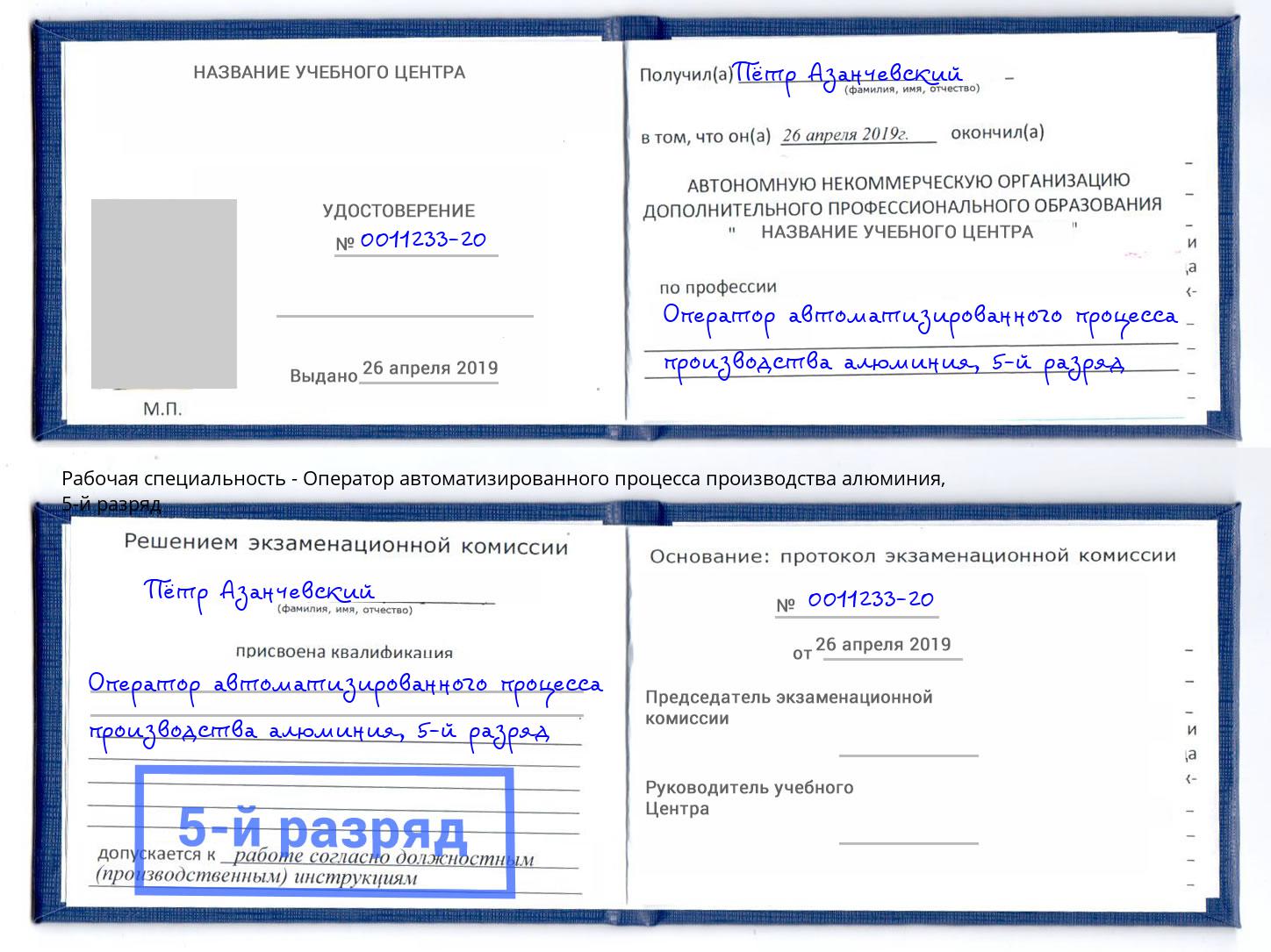 корочка 5-й разряд Оператор автоматизированного процесса производства алюминия Новочеркасск